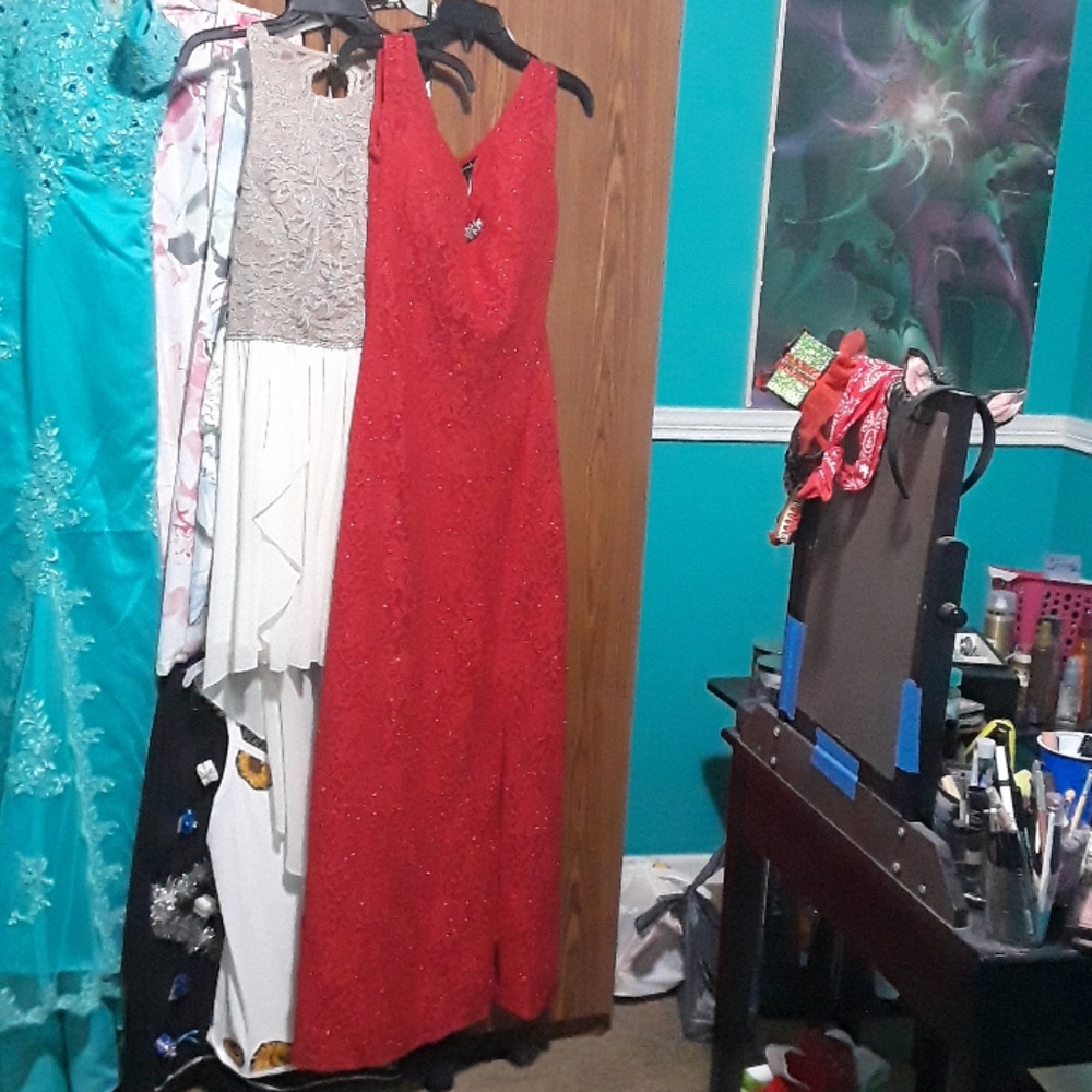 Red sparkly lace prom dress off the shoulder